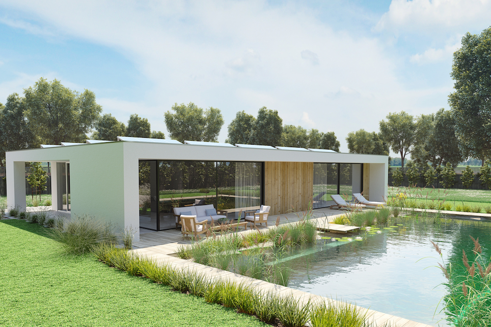 3d rendering. house with an environmental pond pool.